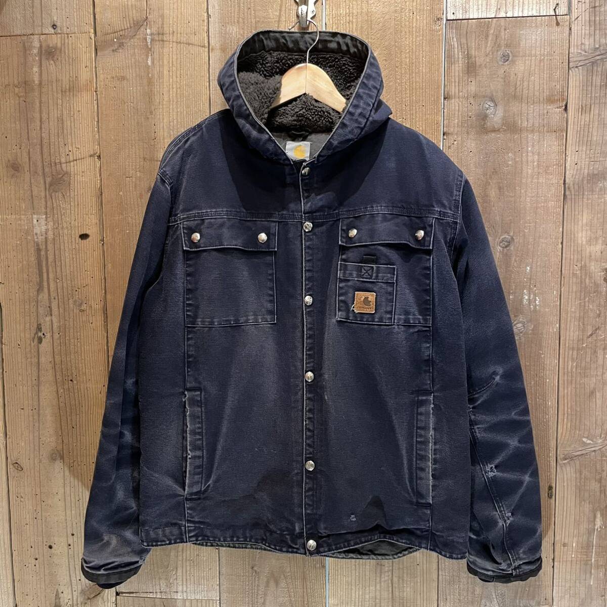 【サイズ M】 Carhartt フード ダック ジャケット ビンテージ アメリカ古着 カーハート 90s アクティブ パーカー ネイビー_画像1