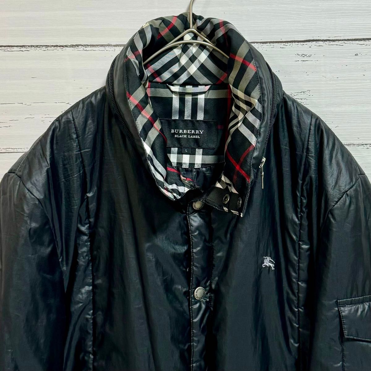 【美品】BURBERRY BLACK LABEL バーバリー ブラックレーベル 中綿ジャケット ブルゾン チェック フード 黒 L