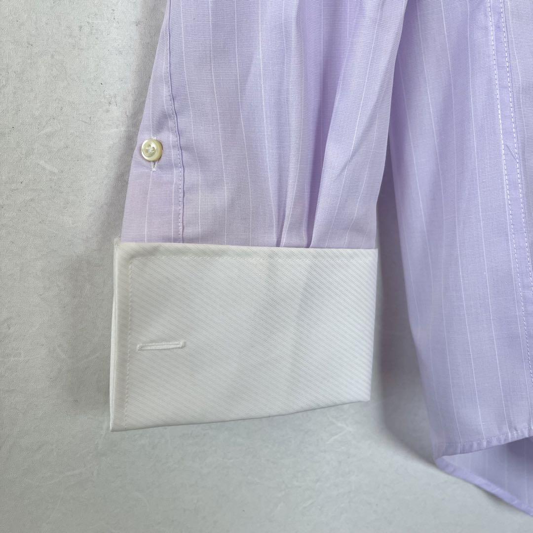古着 ネクタイシャツ ダブルカフス ストライプ 総柄 綿 シルク 紫 M 長袖 コーデ売り セット売り ワイシャツ カッターシャツ バイカラー
