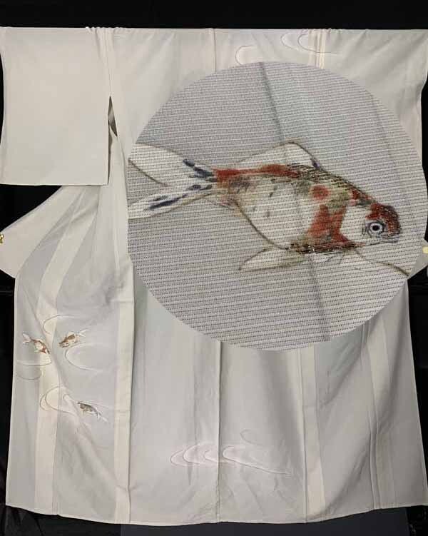 ★きものさらさ　アンティーク着物帯★金魚　絽　夏着物　単衣　正絹　刺繍　古布　古裂　生き物柄　_画像1