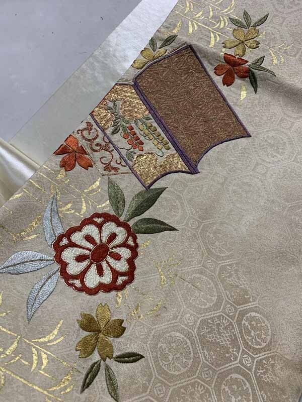 ★きものさらさ アンティーク着物帯★大正ロマン 昼夜帯 日本刺繍 桜に冊子文様 古布 古裂 正絹 春花の画像7