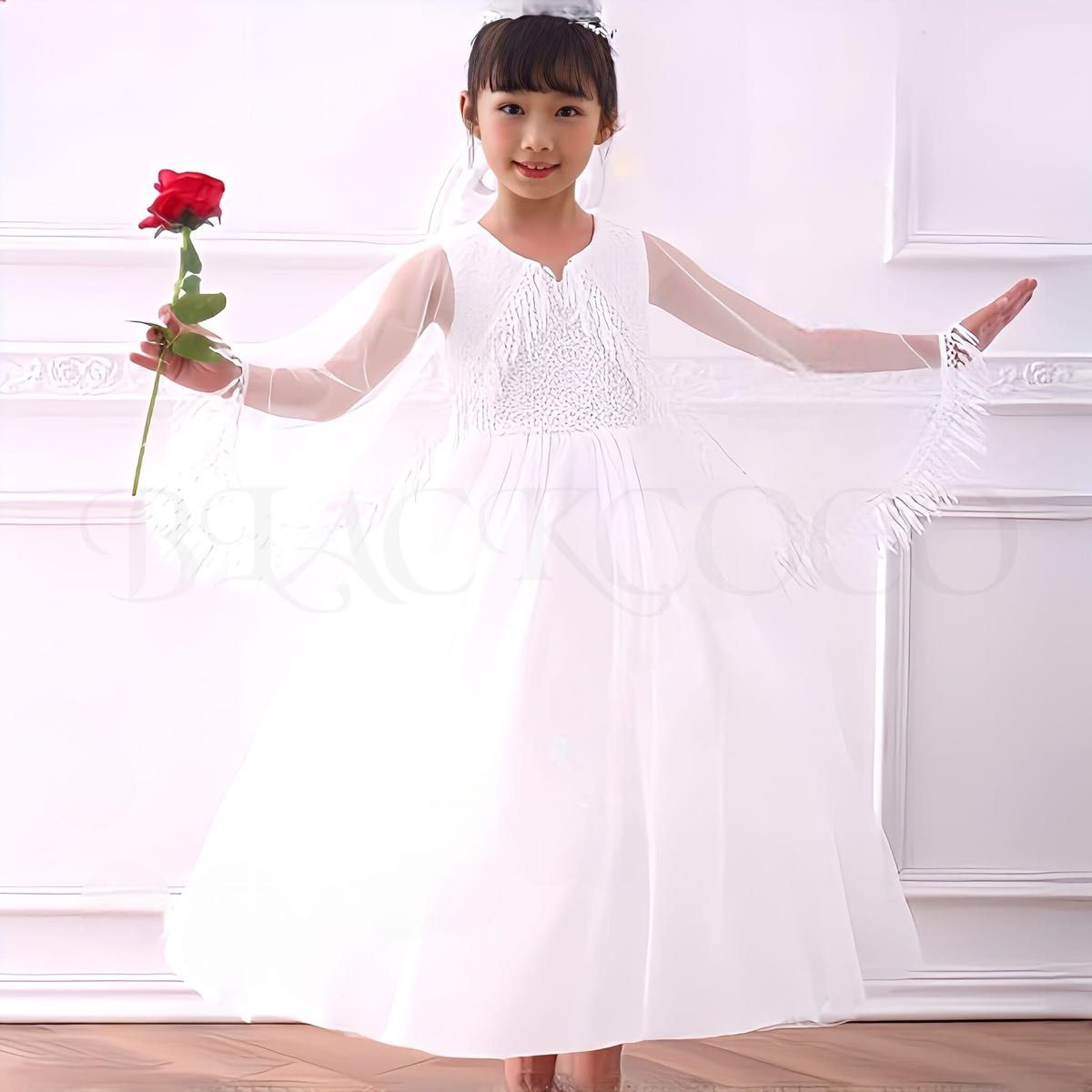 ドレス ワンピース フリンジ ホワイト 結婚式 発表会 女の子 こども 白 ウェディング 可愛い 綺麗 おしゃれ 入学式 卒業式