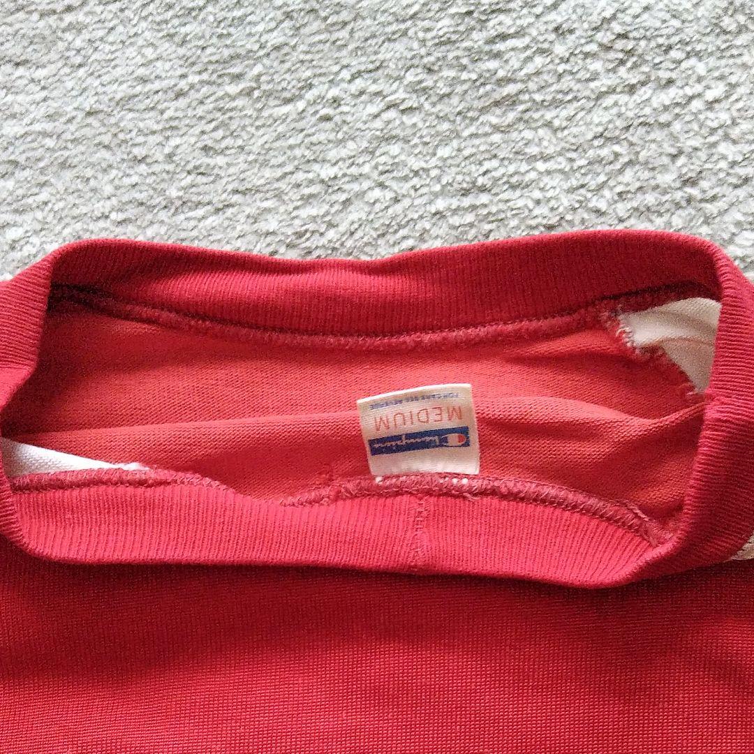 レア品 70年代 ビンテージチャンピオン レーヨン バータグ 2トーン Tシャツ 変形 ラグラン 赤 白 ロゴ プリント USA製 Mサイズ