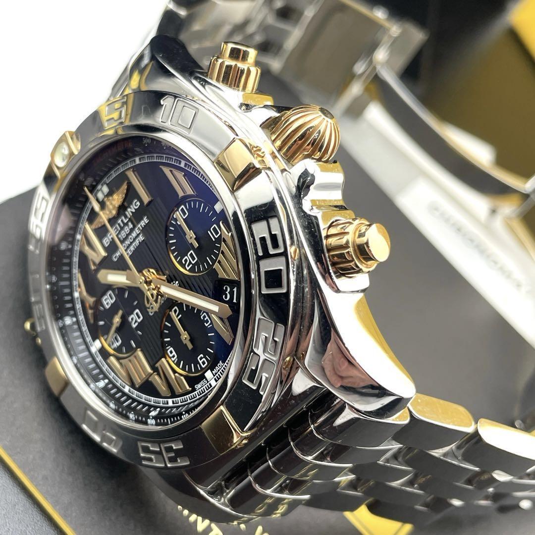 c338 “美品“ 整備点検済 “神秘のガラス“【ブライトリング】BREITLING クロノマット44 ブラック ローマン ビコロ 黒 金 IB0110 自動巻