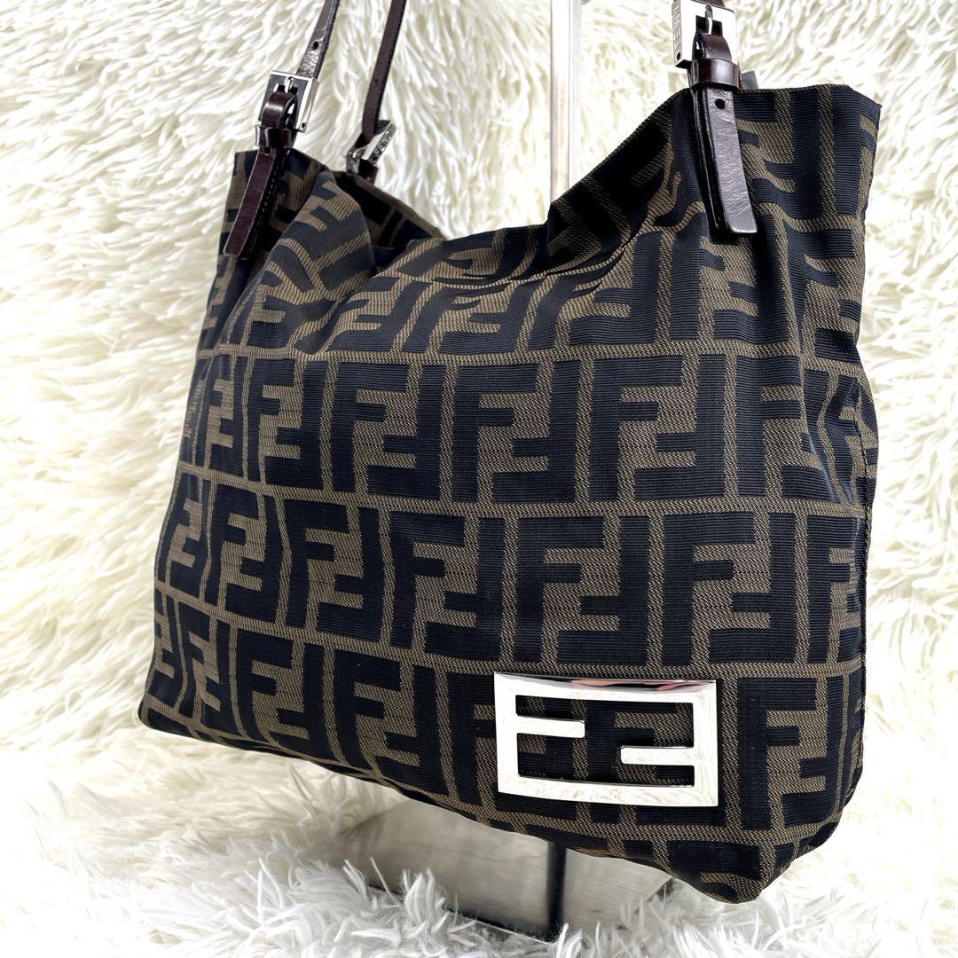 c307【フェンディ】FENDI ”極美品” 金具 プレート ズッカ 肩掛け ミニ トートバック キャンバス 鏡面 ポリッシュ リアルレザー 本革