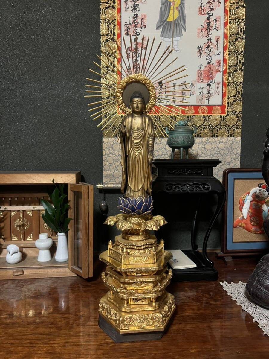 仏像 仏教美術 木彫 阿弥陀如来像 仏具 立像 仏壇 骨董 木製 阿弥陀如来