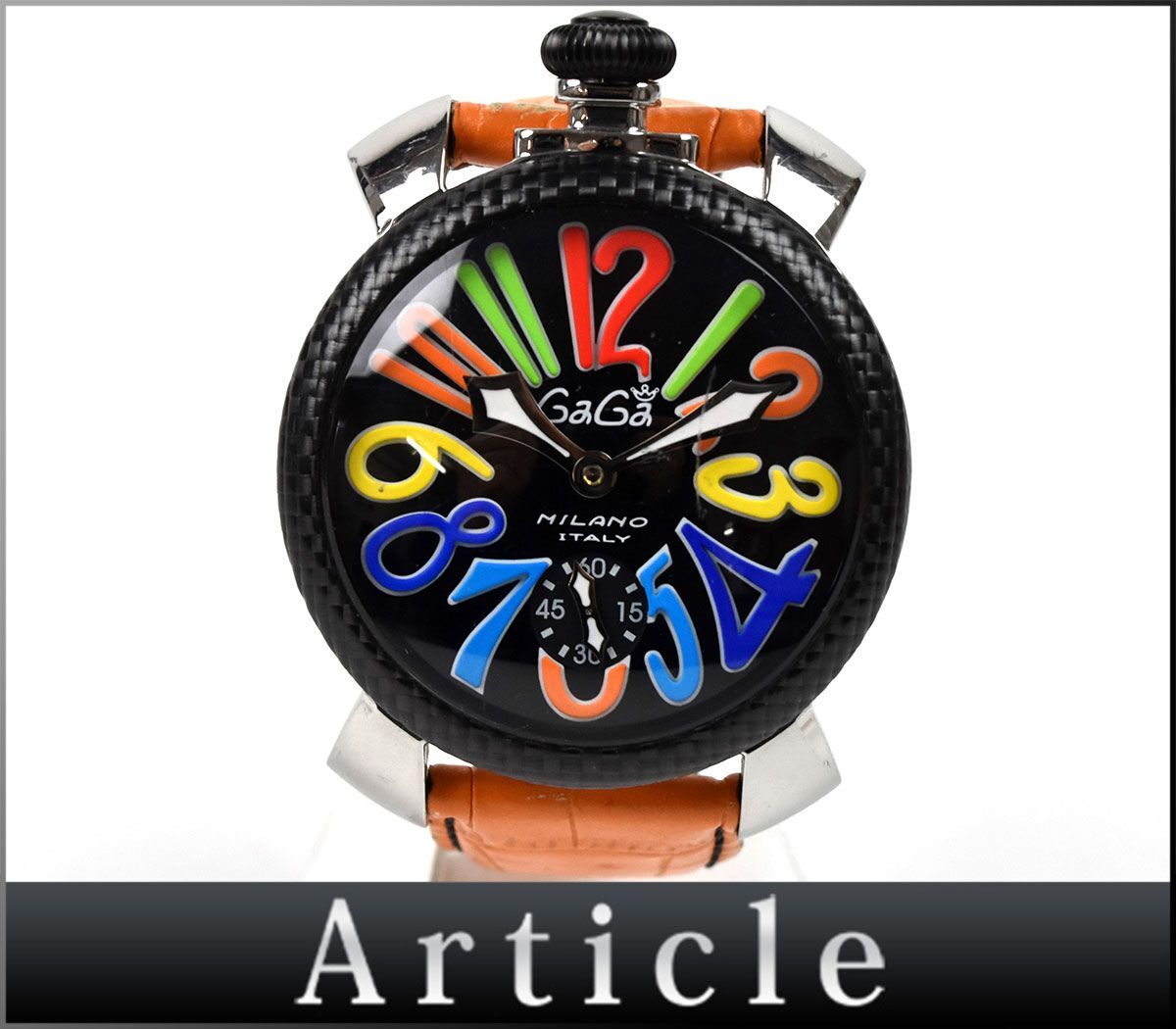 165123□動作確認済 GaGa MILANO ガガミラノ マヌアーレ 腕時計 手巻き 3針 ラウンド SS レザー 革 ブラック シルバー オレンジ メンズ/ D_画像1
