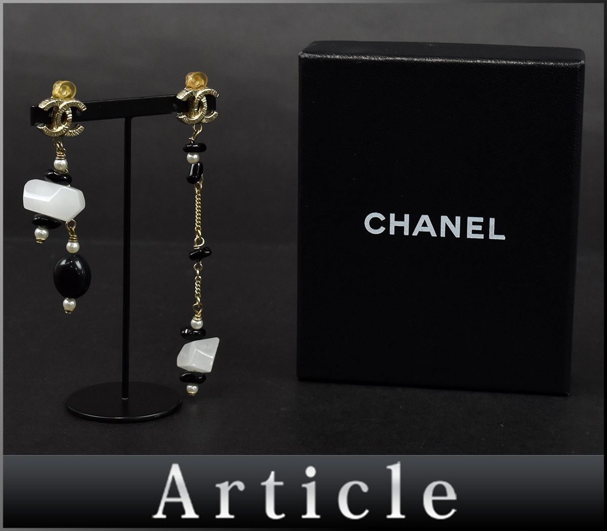 172596◆ CHANEL シャネル ココマーク イヤリング アクセサリー 05A GP カラーストーン フェイクパール シャンパンゴールド ブラック/ E_画像1