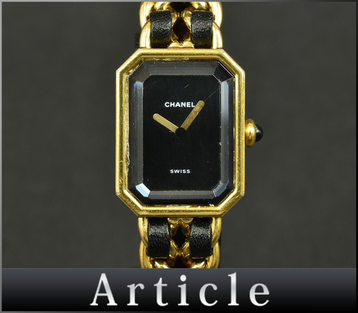 171025☆動作確認済 CHANEL シャネル プルミエール Lサイズ 腕時計 クォーツ H0001 GP レザー 革 ブラック ゴールド レディース/ Dの画像1