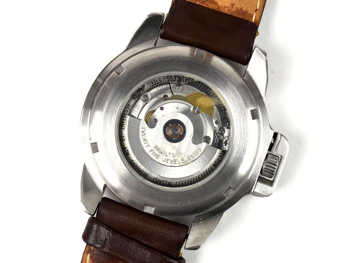 172047◇動作確認済 HAMILTON ハミルトン カーキ フィールド 腕時計 自動巻き 裏スケ 6311 SS レザー ブラウン シルバー メンズ/ D_画像9