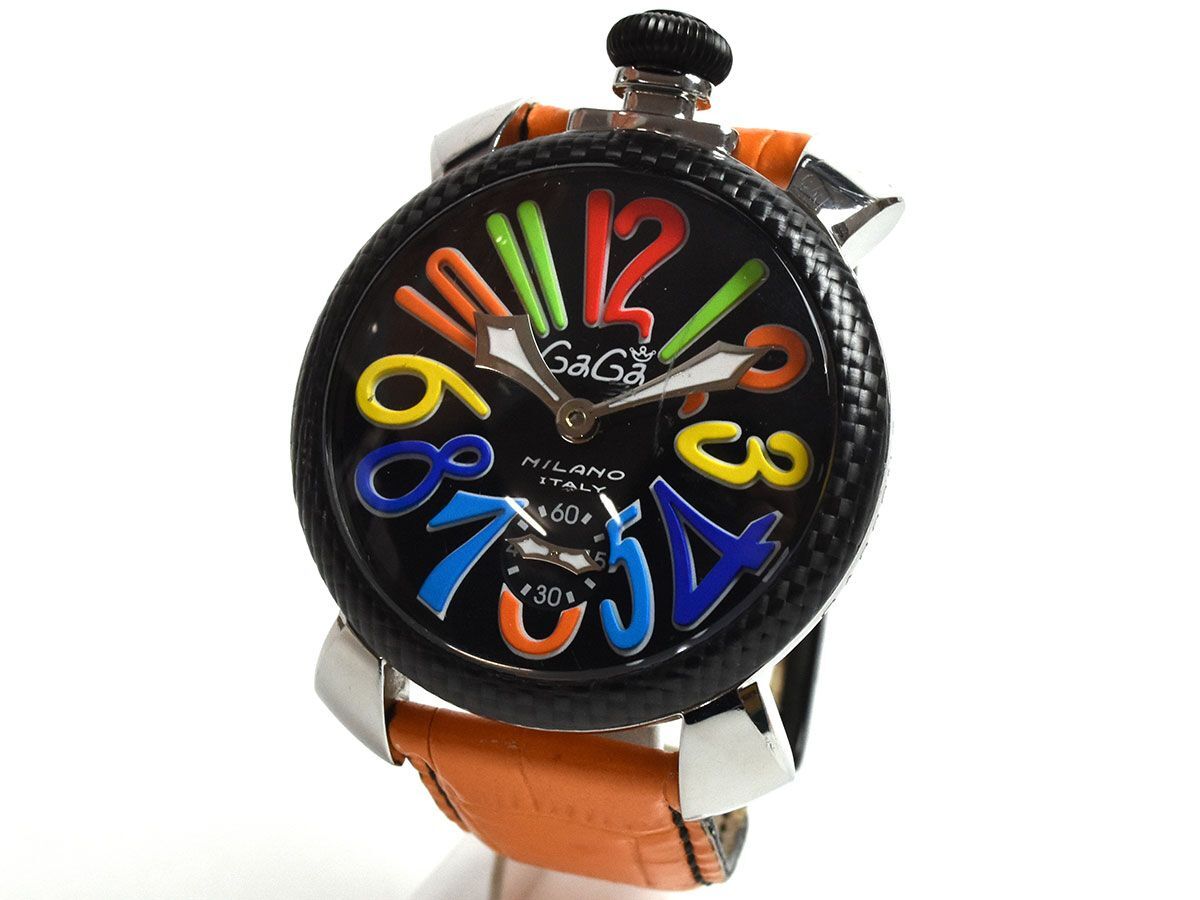 165123□動作確認済 GaGa MILANO ガガミラノ マヌアーレ 腕時計 手巻き 3針 ラウンド SS レザー 革 ブラック シルバー オレンジ メンズ/ D_画像2