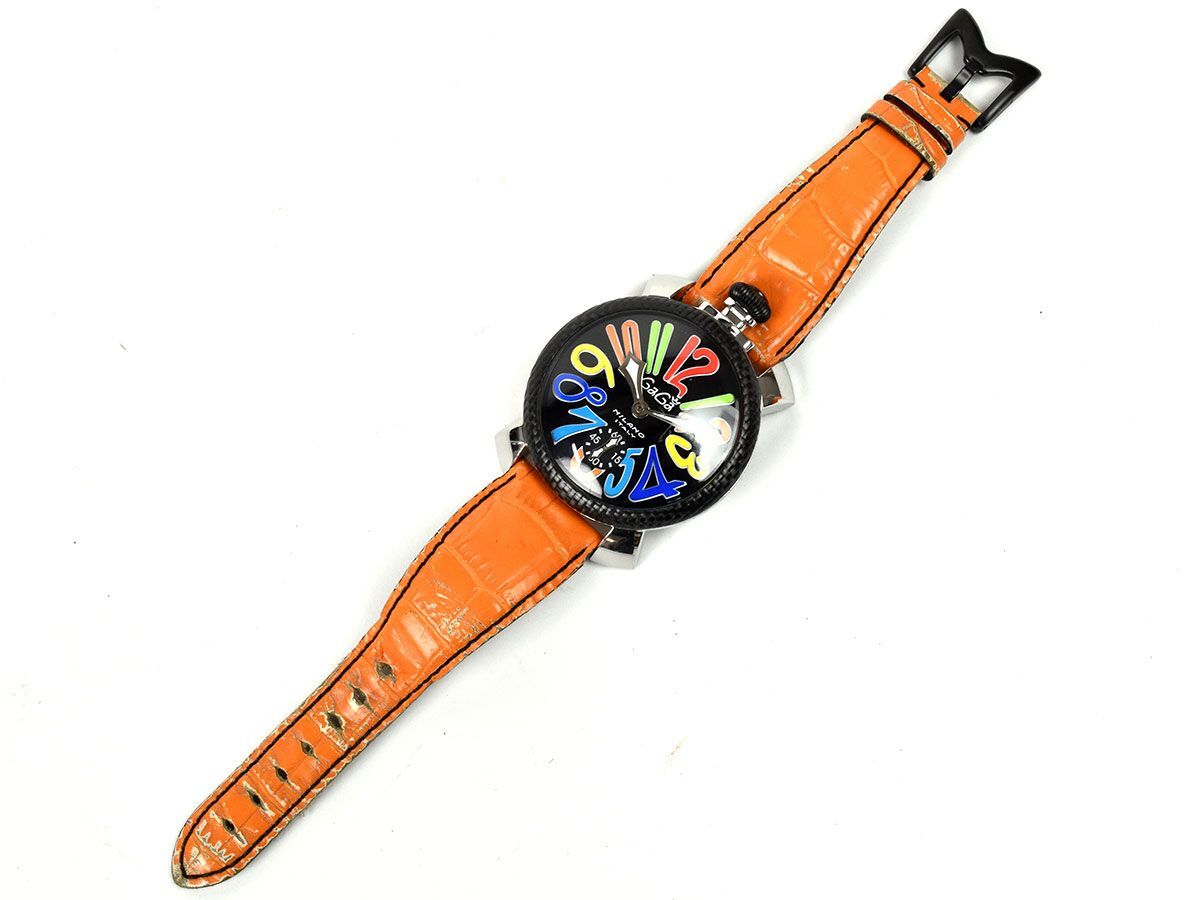 165123□動作確認済 GaGa MILANO ガガミラノ マヌアーレ 腕時計 手巻き 3針 ラウンド SS レザー 革 ブラック シルバー オレンジ メンズ/ D_画像4