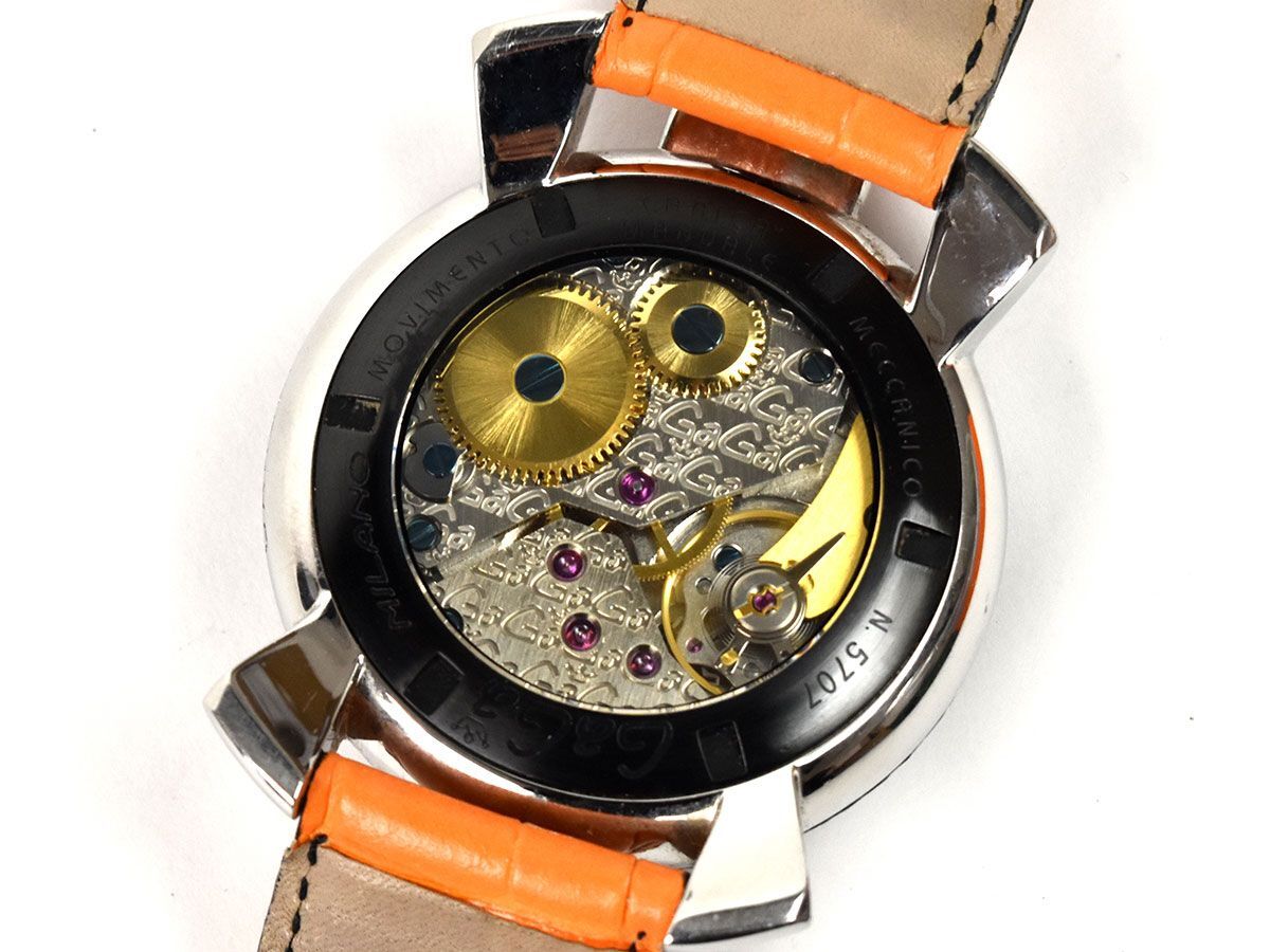 165123□動作確認済 GaGa MILANO ガガミラノ マヌアーレ 腕時計 手巻き 3針 ラウンド SS レザー 革 ブラック シルバー オレンジ メンズ/ D_画像9