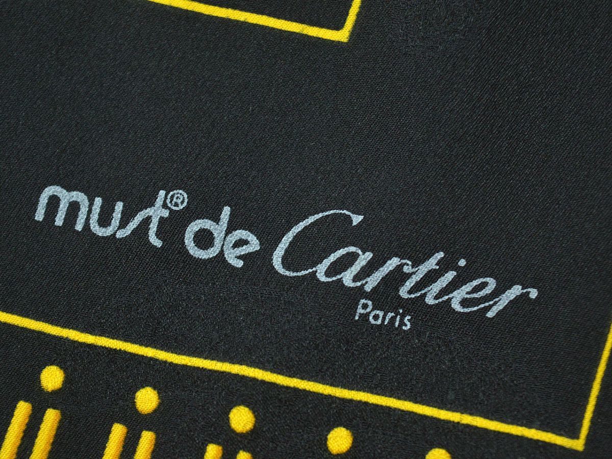 172669◇ Cartier カルティエ スカーフ シルク ブラック ホワイト ゴールド ウォッチ 時計モチーフ ファッション 小物 レディース/ G_画像2