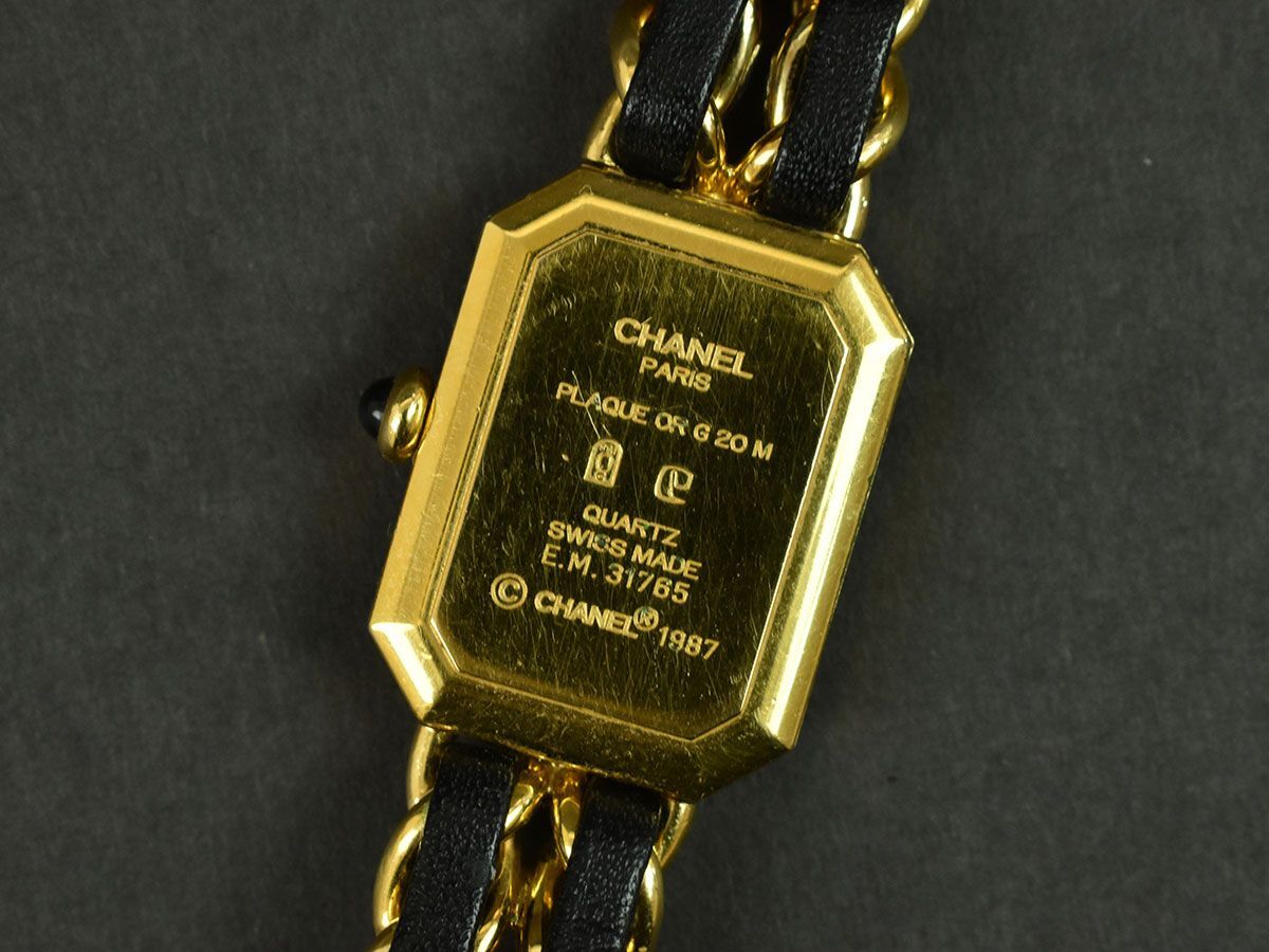 171025☆動作確認済 CHANEL シャネル プルミエール Lサイズ 腕時計 クォーツ H0001 GP レザー 革 ブラック ゴールド レディース/ Dの画像9