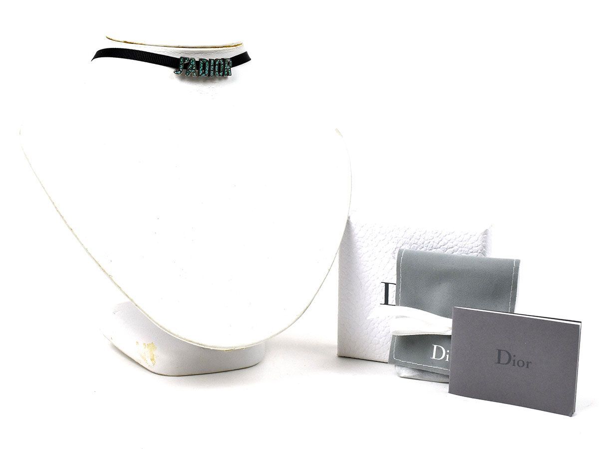 172869□ Christian Dior ディオール ジャディオール チョーカー ネックレス 首飾り シルバーメッキ ナイロン グリーン シルバー 箱付/ Eの画像6