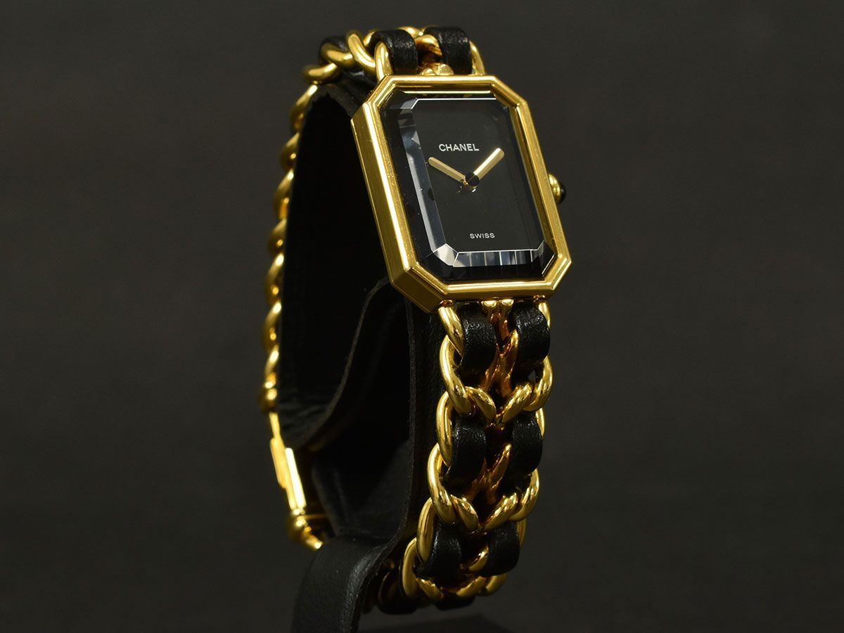 173116□動作確認済 CHANEL シャネル プルミエールM 腕時計 クォーツ 2針 H0001 GP レザー 革 ブラック ゴールド レディース/ Dの画像3