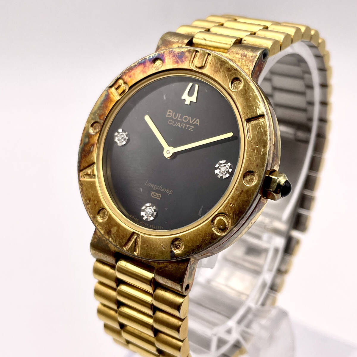 1円 良品■稼働品 BULOVA ブローバ QUARTZ クォーツ ゴールド ベゼル ダイア ダイヤ レディース 腕時計 文字盤 ヴィンテージ N436-900の画像1