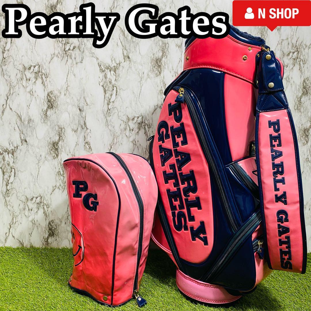 【良品】Pearly Gates パーリーゲイツ カート式 キャディバッグ ゴルフバッグ ニコちゃん ピンク×ネイビー_画像1