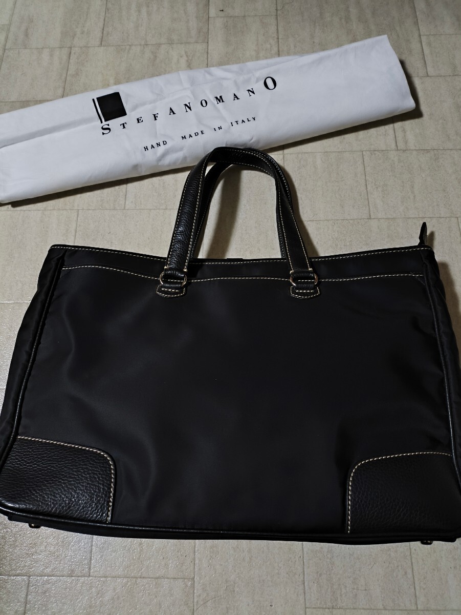  美品 定価:55000円 袋付き イタリア製 ステファノマーノ ビジネストートバッグ 本革×ナイロン製 STEFANO MANO 黒の画像1