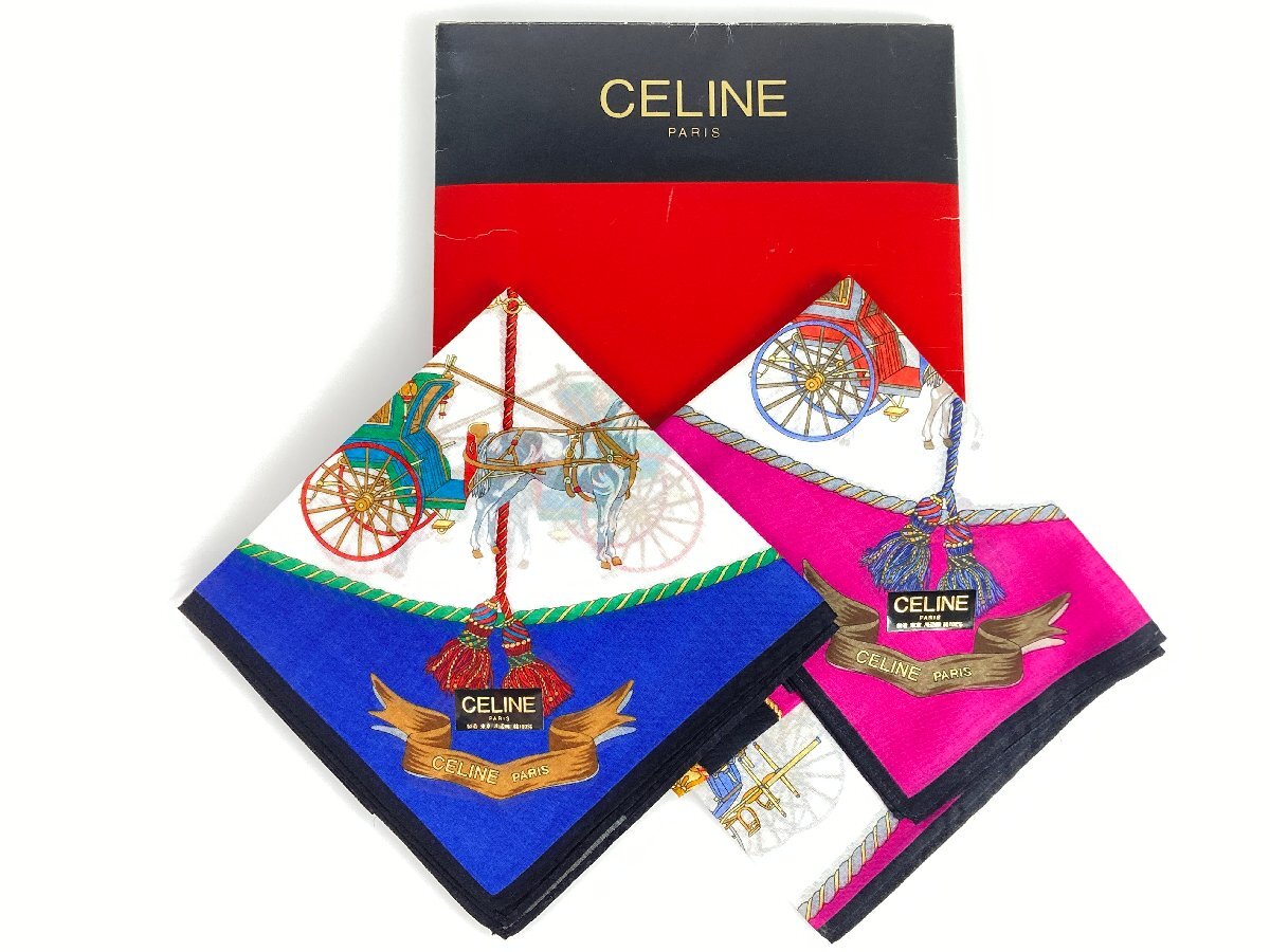 未使用　セリーヌ　CELINE　ハンカチ　２枚セット　馬　馬車　モチーフ　ブルー系　ピンク系　48×48cm　YZ-514_画像1