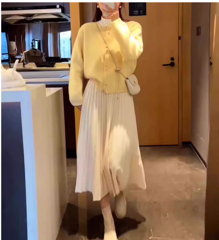 レディースプリーツスカートとカーディガンセット黄色×白色M_画像2