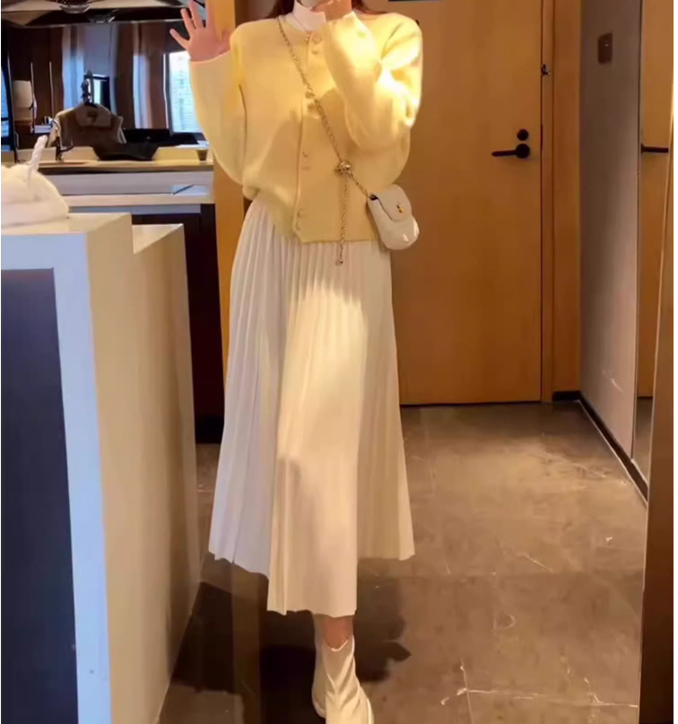 レディースプリーツスカートとカーディガンセット黄色×白色M_画像3