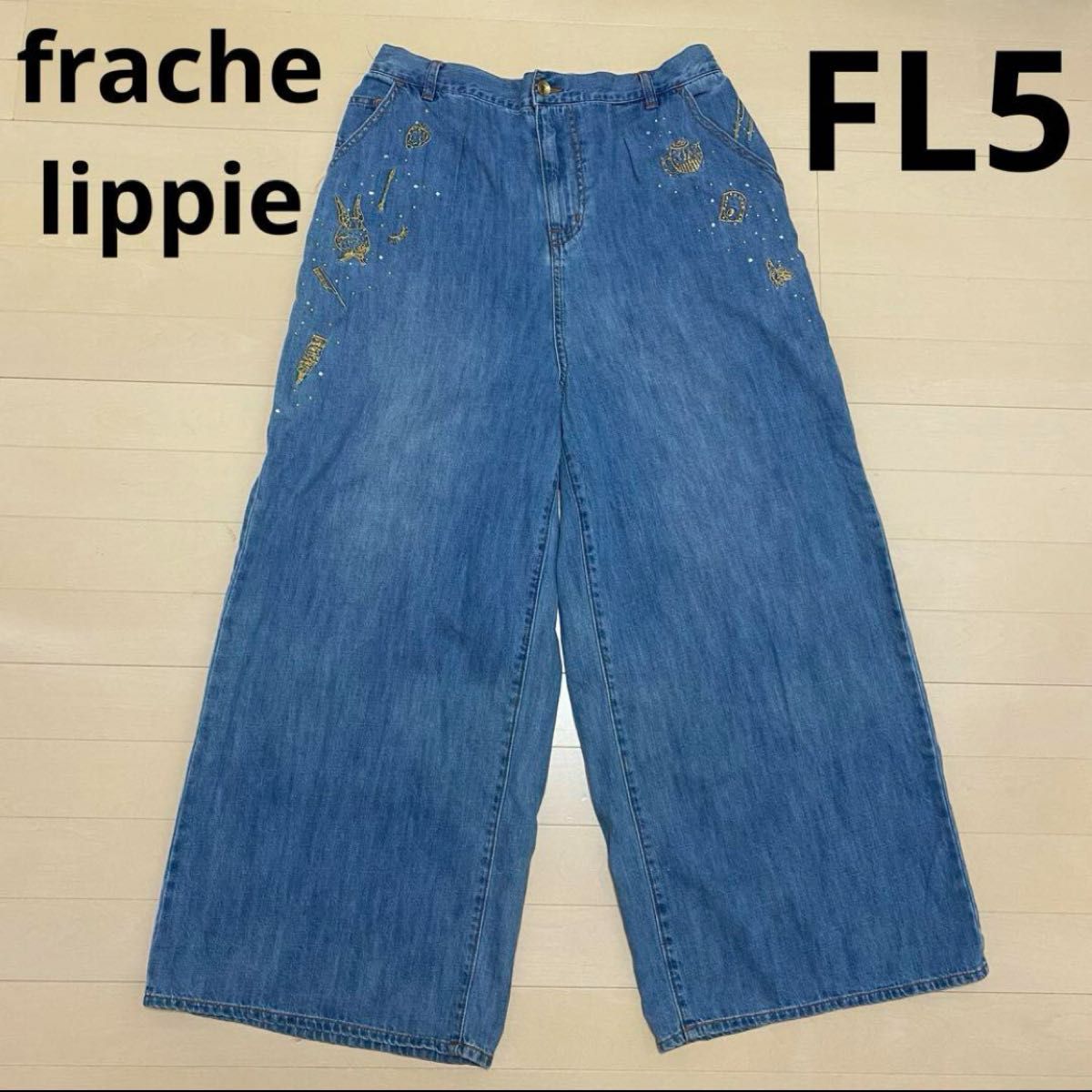 レア　frachelippieフランシュリッペ　デニム　刺繍　3L ワイドパンツ ジーンズ デニム ワイド ボトムス デニムパンツ