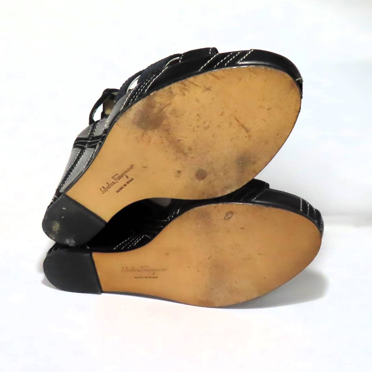 美品 SALVATORE FERRAGAMO サルヴァトーレ フェラガモ ミュール サンダル 厚底 サンダル 4C 21cm相当 黒 ブラック レディース 靴