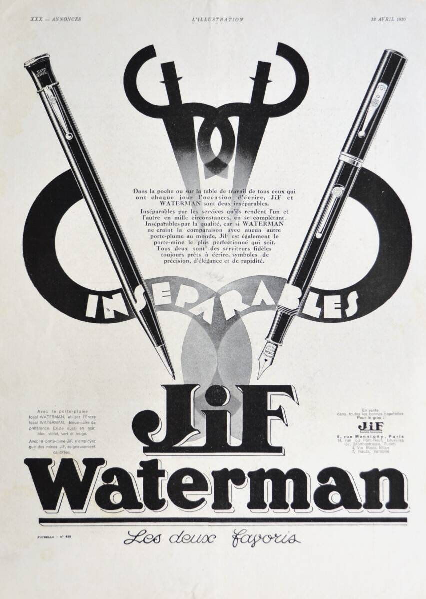 稀少！1930年ウォーターマン万年筆広告/Jif Waterman Pen/文房具/アールデコ/フレンチ/D_画像1