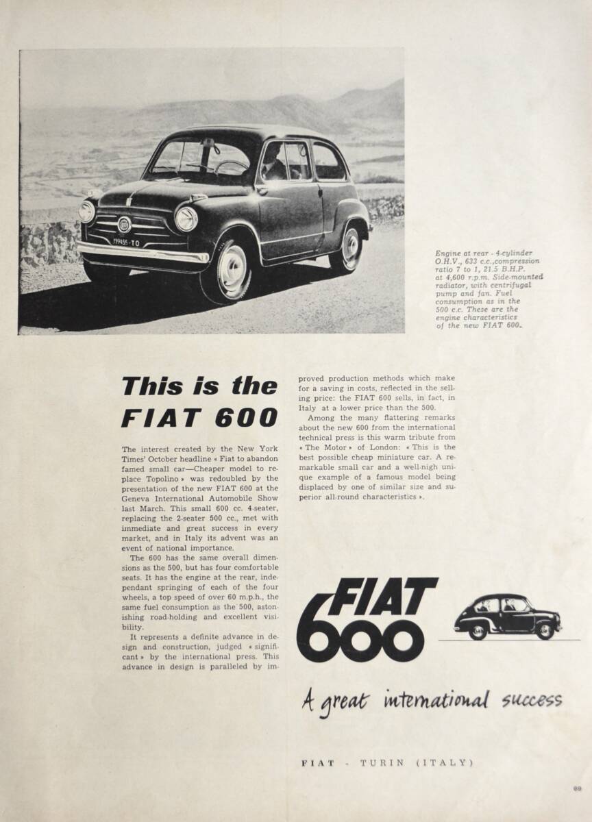  редко встречающийся  ！195 5 лет  ... реклама  /Fiat 600/ Италия  автомобиль / старые автомобили /Z