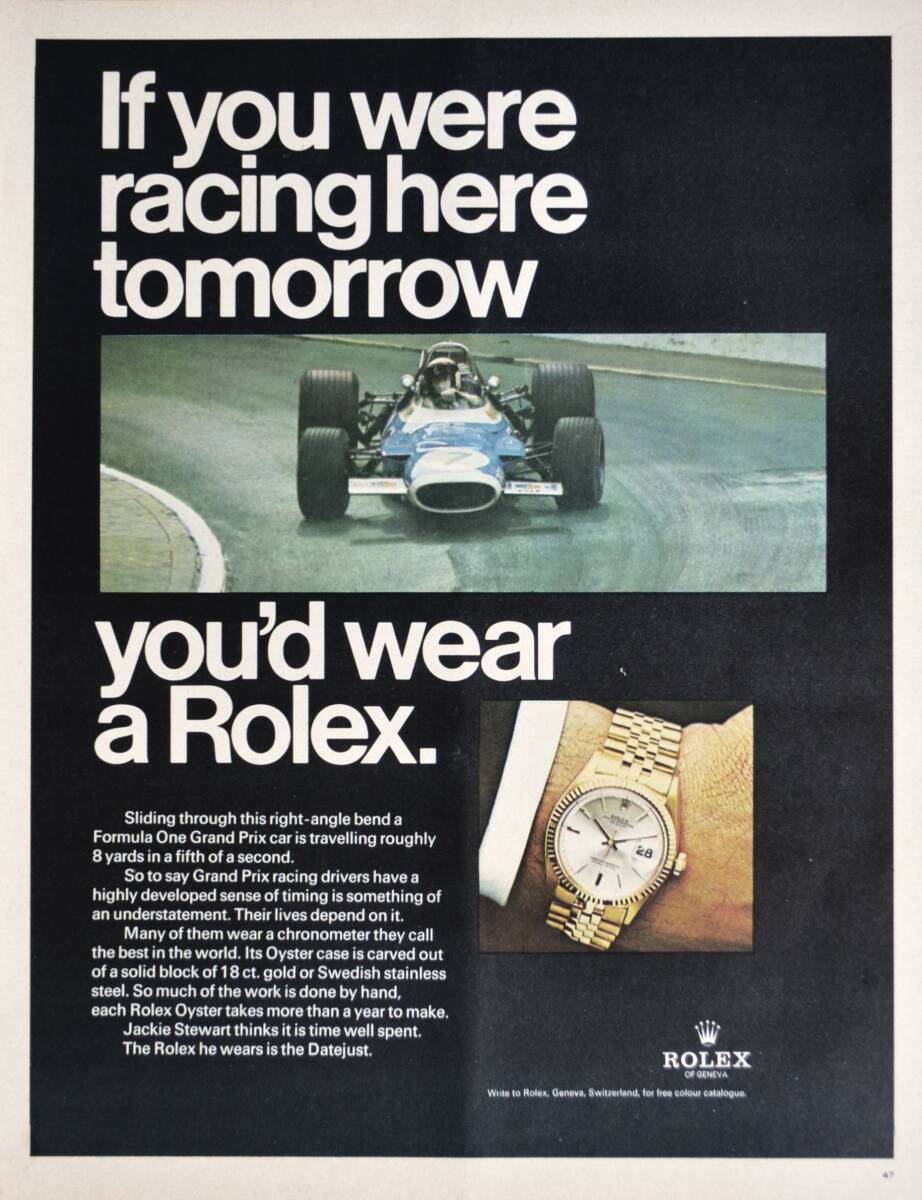 稀少・広告！1969年ロレックス 時計広告/Rolex Oyster Datejust/Watch/Formula One Grand Prix/Y_画像1
