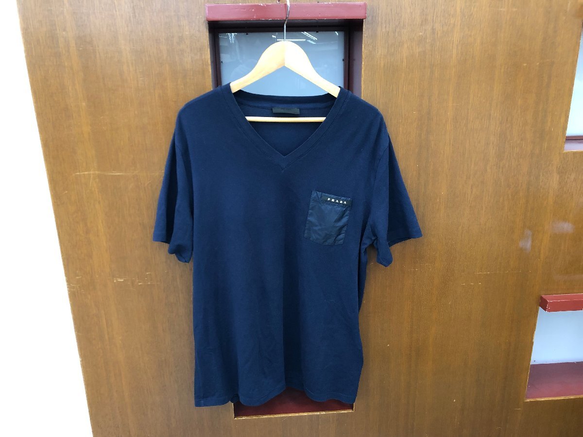 【PRADA】プラダ　メンズ　ブイネックショートスリーブカットソー・Tシャツ　ネイビー　XLサイズ　SY02-E7X_画像1