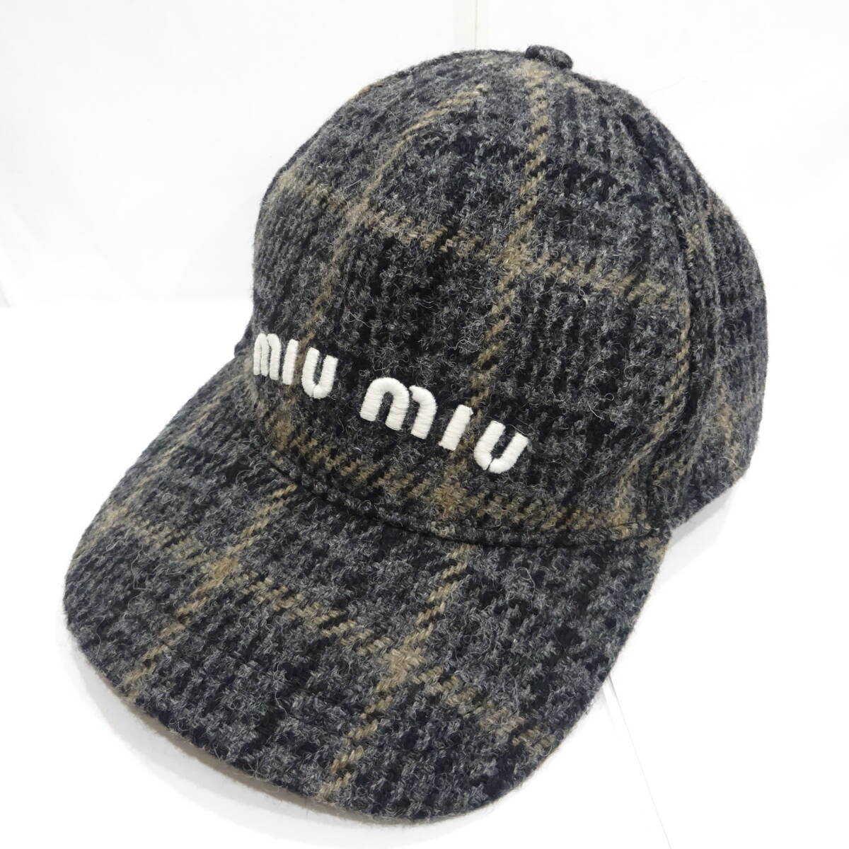 1円～ miu miu MIU MIU ミュウ ミュウ キャップ ツイード 帽子 5HC179 1V7U チェック柄 Mサイズ ウール混 ロゴ ブランド_画像2