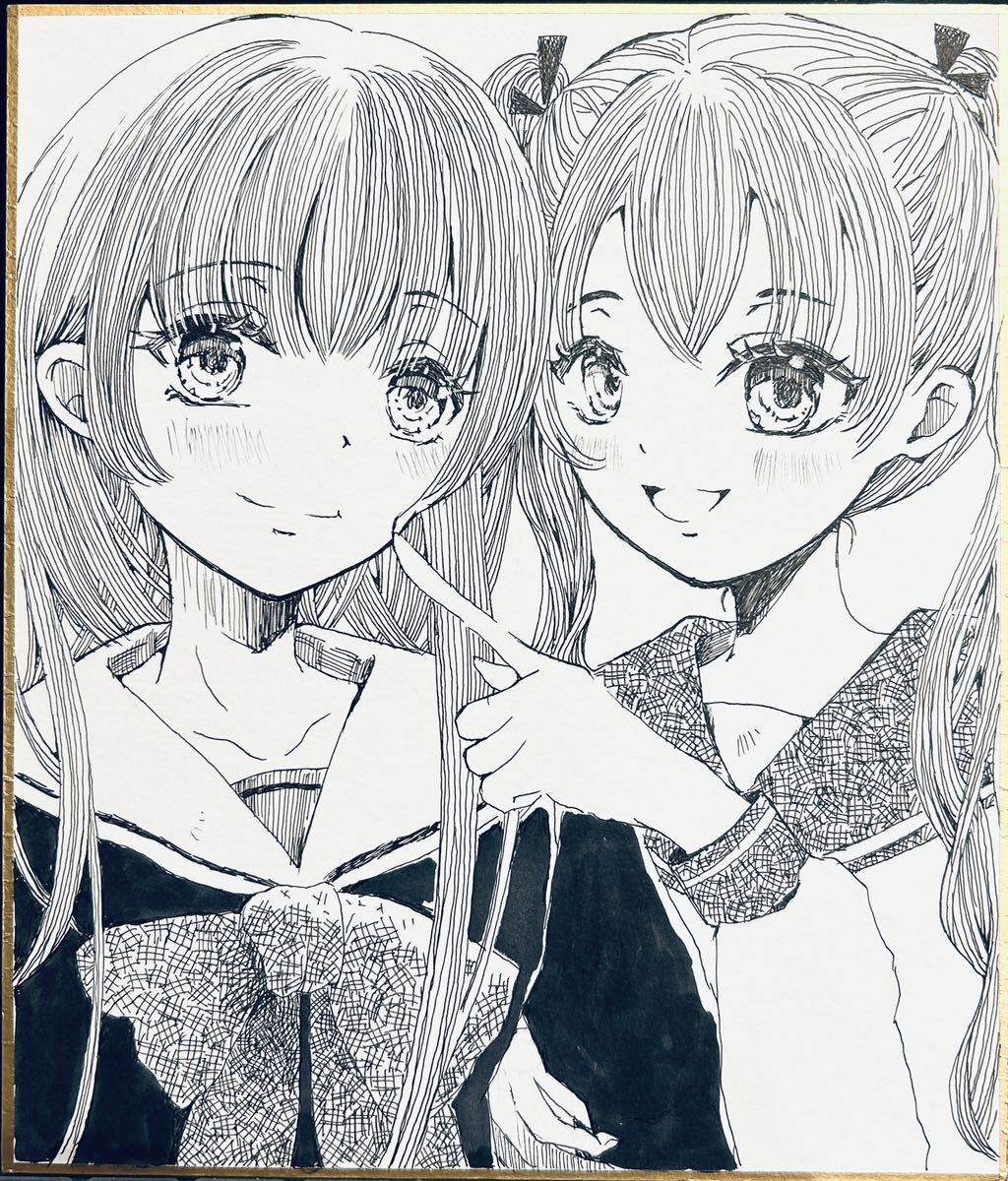 手描きイラスト 創作 オリジナル ペン画 女の子 『仲良しJK 手描きイラスト 創作 オリジナル ペン画 女の子 『仲良しJK