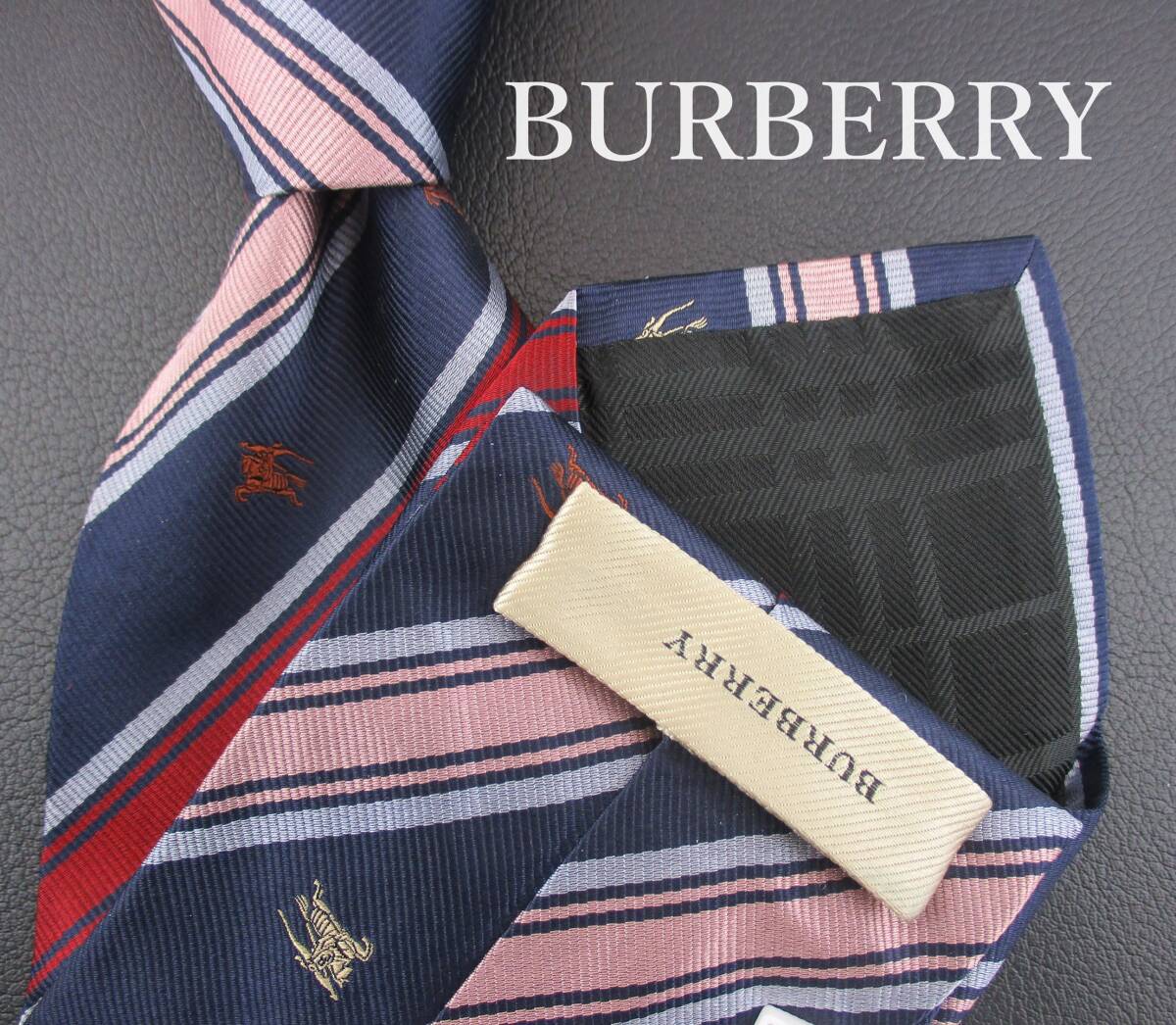 【良品】BURBERRY/バーバリーネクタイ イタリア製　多配色カラー／ホースロゴ総柄入りストライブ ２本以上ご購入で送料無料S349_画像1