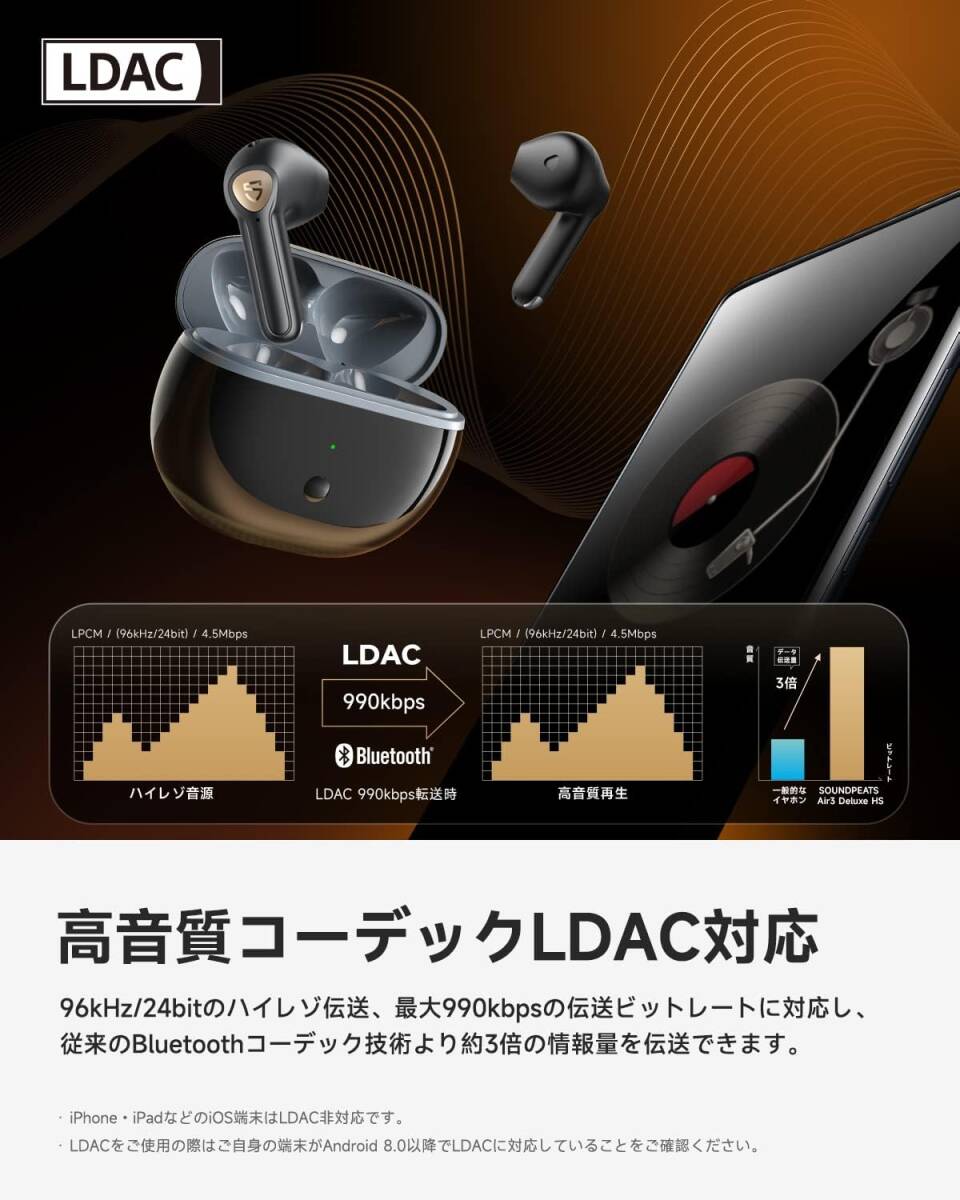 SOUNDPEATS Air3 Deluxe HS ワイヤレスイヤホン Bluetooth 5.2 ハイレゾ対応/LDAC / インナーイヤー型 イヤホン ミッドナイトブラックの画像7