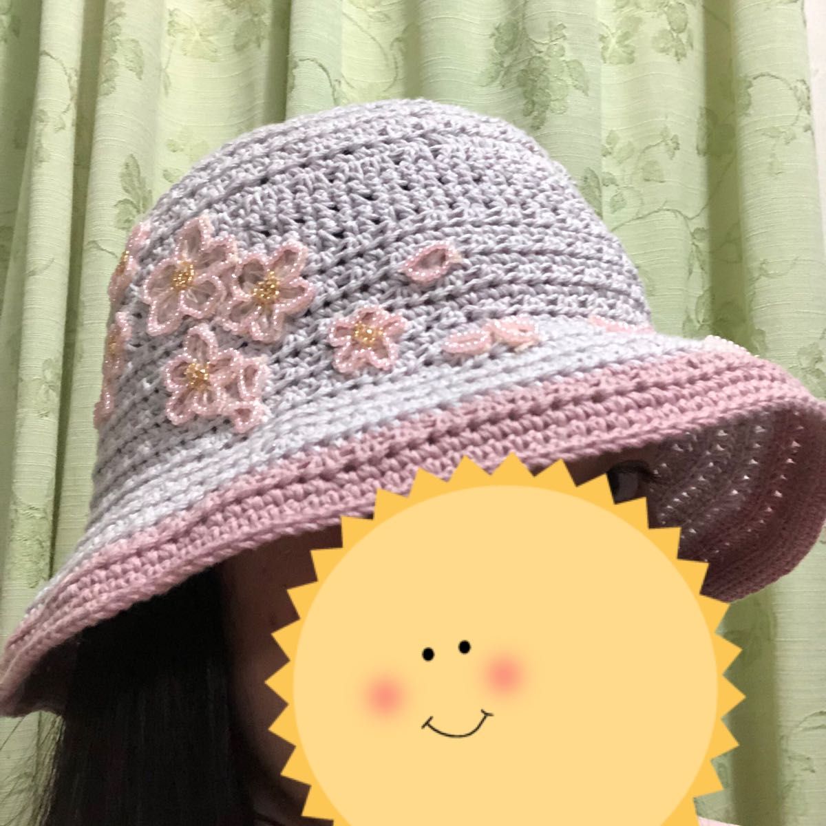 クロシェ帽子　ピンク　桜　かぎ針編み
