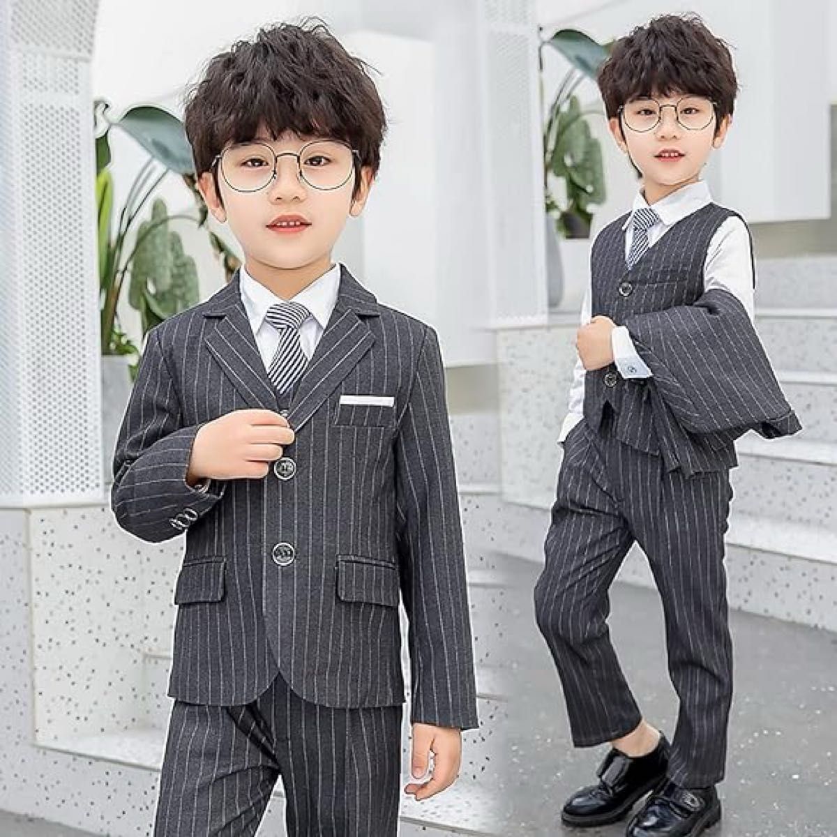 [LUlala] 子供スーツ 男の子 子供フォーマル 入学式 卒業式 スーツ 5点セット 七五三 キッズスーツ 100 ストライプ