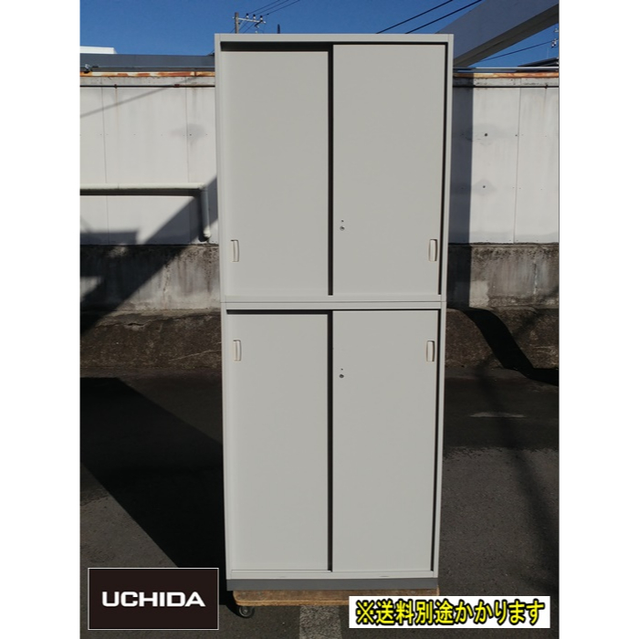 (中古)内田洋行 引違い書庫上下セット ※上下鍵付き 1-274-7609/1-274-7710 ライトグレー スチール ベース付 書類収納 F-HD-244-0123A