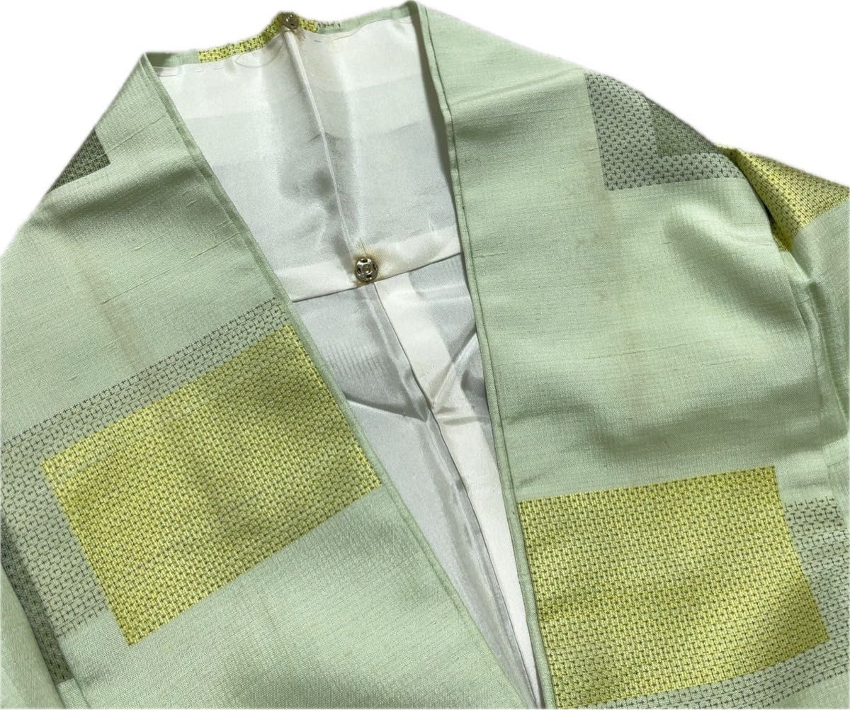 【F63】着物 紬風 袷 正絹 黄緑 単品 着付練習やアレンジに