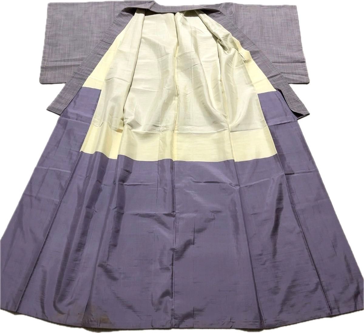 【F65】着物 紬風 袷 正絹 紫 単品 着付練習やアレンジに