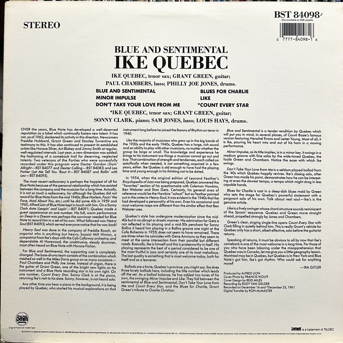 LP 輸入盤　IKE QUEBEC／BLUE AND SENTIMENTAL (’61年録音 '86年発売品) BLUE NOTE 84098 _画像2