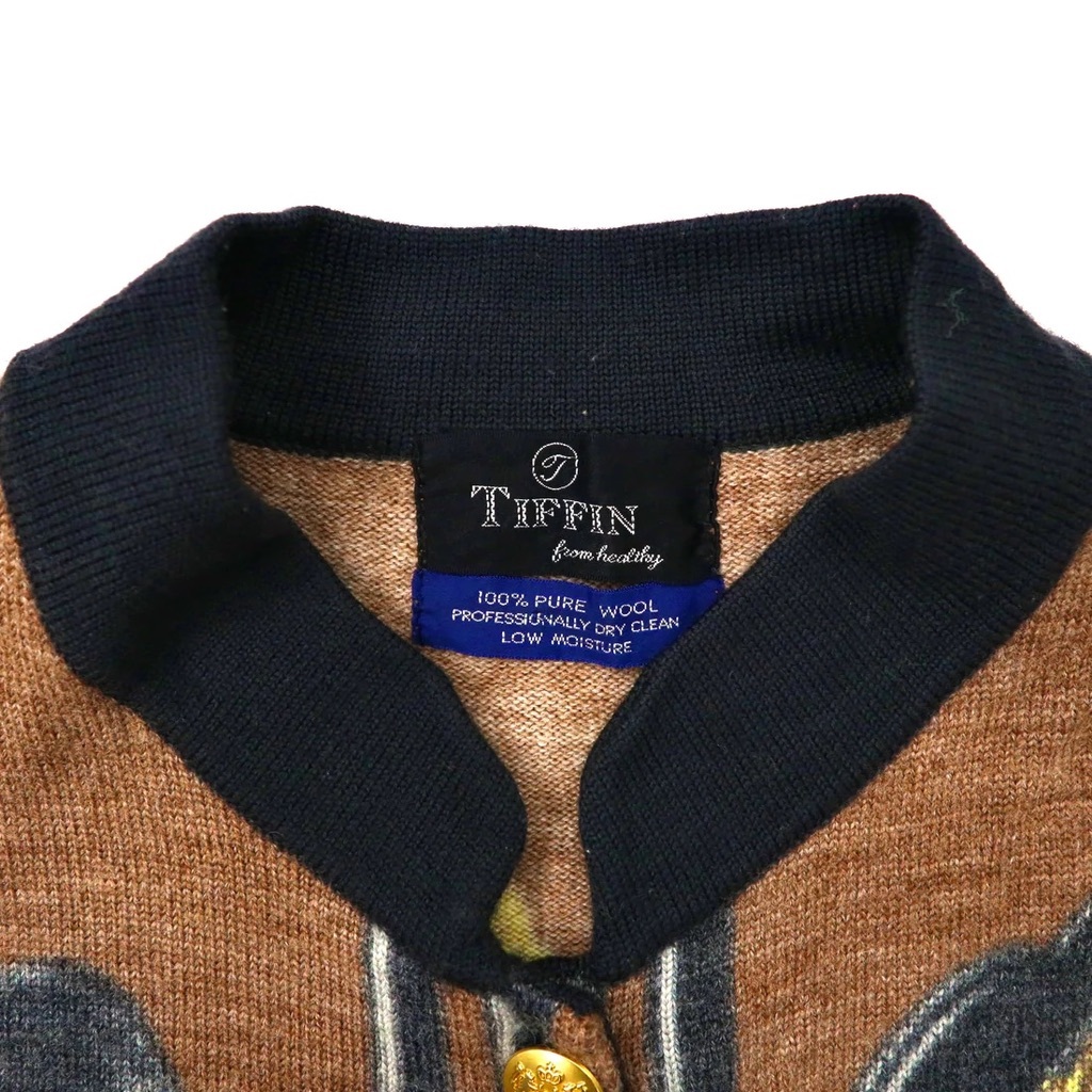 TIFFIN レトロ 総柄ニットジャケット FREE ブラウン ウール 金ボタン 80年代 日本製_画像4