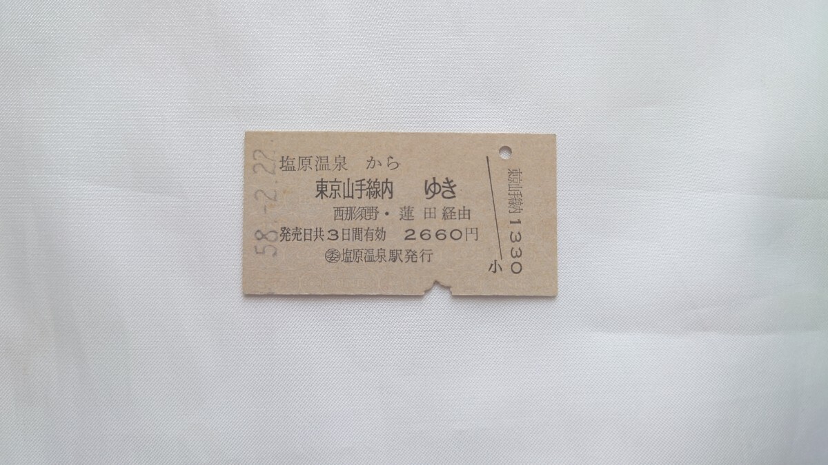 ▽国鉄▽塩原温泉から東京山手線環状ゆき乗車券▽A型硬券昭和58年 (国鉄バス)_画像1