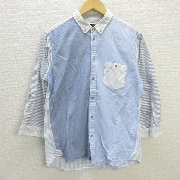 G■ユナイテッドアローズ/UNITED ARROWS GLR 七分袖BDシャツ/ストライプ柄【L】水色/men's/144【中古】■_画像1