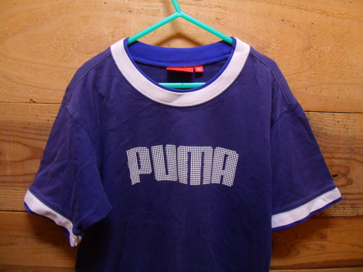 全国送料無料 プーマ PUMA 子供服キッズ 男＆女の子 ロゴプリント紺色 綿100%リンガー半袖スポーツTシャツ 140