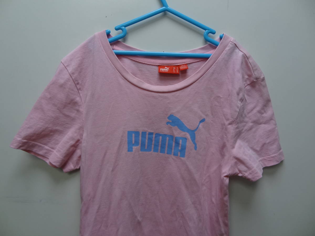 全国送料無料 正規品 プーマ PUMA レディース ピンク色ロゴプリント 綿100%素材 半袖スポーツTシャツ M(US/S)