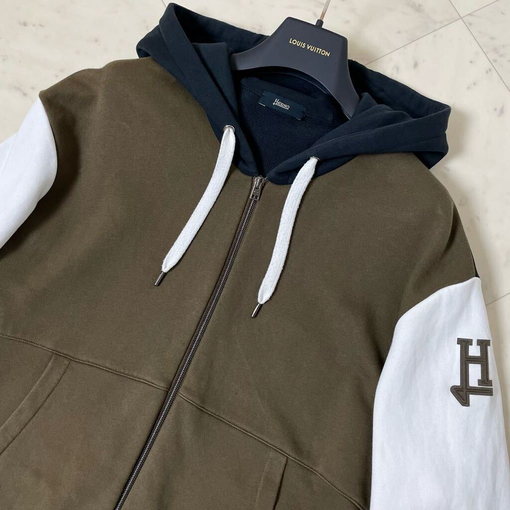 美品/XXL★ HERNO ヘルノ ジップ パーカー スウェット ジャケット フード ブルゾン 希少サイズ54 ロゴプレート 高級感◎ コットン メンズ_画像3