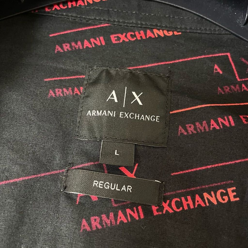 美品/Lサイズ★ ARMANI EXCHANGE アルマーニ エクスチェンジ 総柄ロゴデザイン ストレッチ 長袖 シャツ 比翼仕立て コットン ブラック 黒_画像9